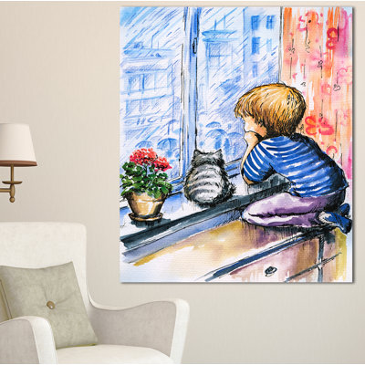 " Little Boy And Cat Watching City "