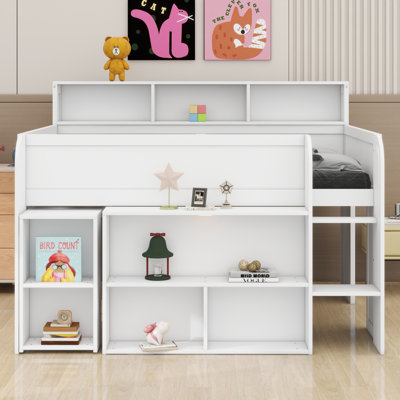 Versatile Modern Loft Bed Frame With Desk, Built-In Shelves And LED Lighting