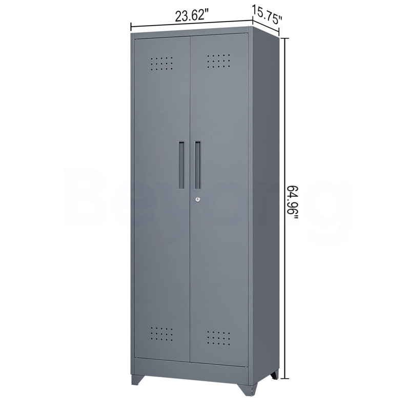 Armoire de rangement à balais avec portes et tablettes verrouillables, armoire de rangement en métal de 65 po de hauteur avec tringle à crochet et crochets en S, armoire de rangement pour outils de nettoyage gris