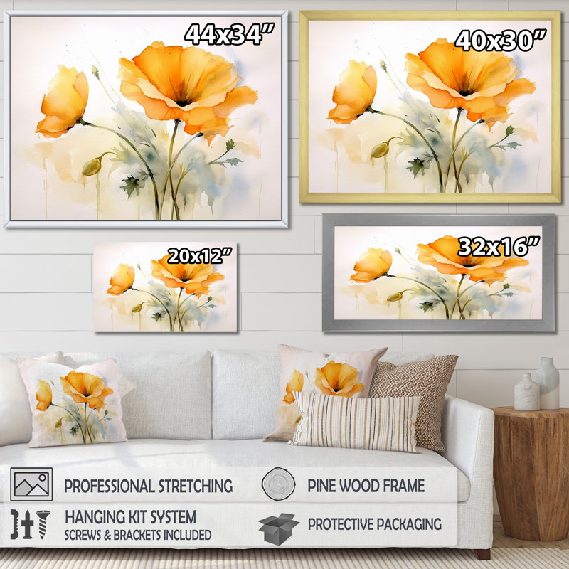 " Watercolor California Yellow Poppy ", Gold Floater Framed, 16" H x 32" W x 1" D
