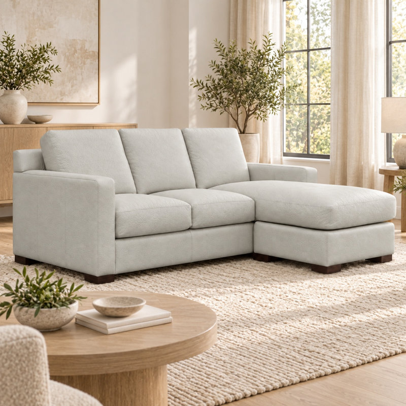 Madison Heirloom Quality Chaise with Ottoman Base in Buttery Soft 100% Top Grain Leather, Made to Order, Boca Winter White