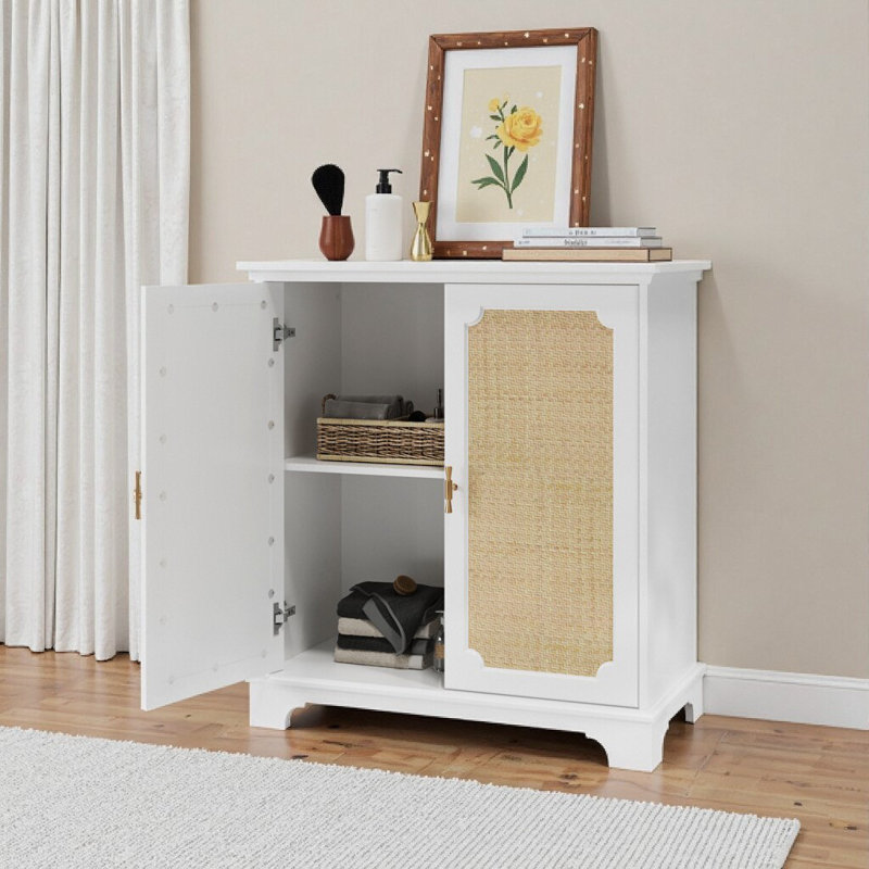 White Rattan Cabinet - Farmhouse Buffet Storage Cabinet with Adjustable Shelves, Kitchen & Living Room Decor (31.1"L x 15"W x 34.25"H)