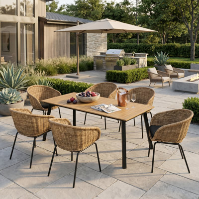 7-Piece Iron Framed Rattan Woven Outdoor Dining Set with Cushioned Chairs for Patio, Backyard, Garden
