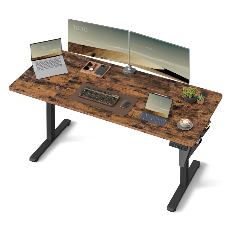 Ashala Adjustable Metal Base Standing Desk with Power Outlet, 120cm H x 160cm W x 60cm D, Rustic Brown/Black