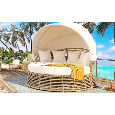 Lit de patio rond avec coussins amovibles et auvent réglable, mobilier d'extérieur, toutes saisons, beige, peut être divisé en 2 chaises, lit de jour, 5 coussins, coussins confortables, design rabattable pour