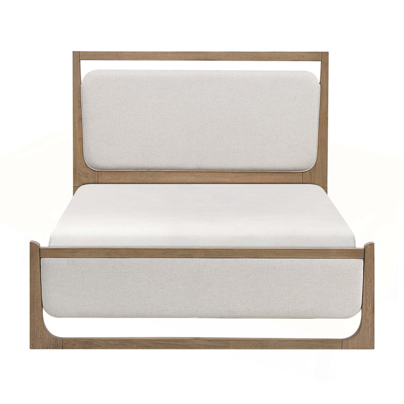 Lit moderne tapissier à finition brun clair avec tête de lit et pied de lit texturé, grand, durable et élégant