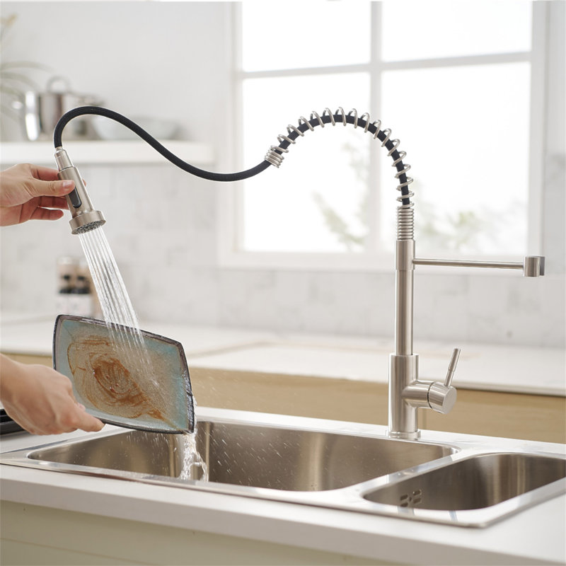 Robinet de cuisine avec douchette extractible, robinet d'évier de cuisine à poignée simple, Nickel brossé