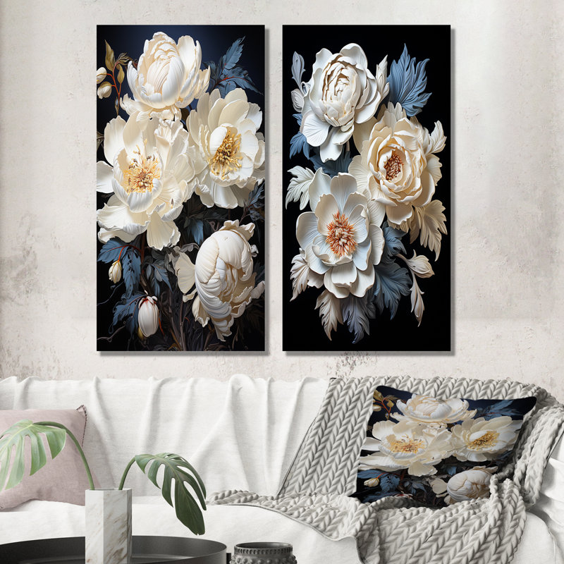 Beige Whispers Of Peony - ensemble de 2 impressions sur toile pivoines, Toile tendue, H 32 po x l 33 po