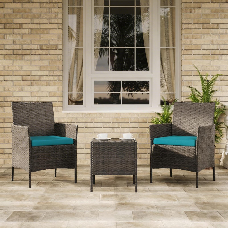 3-Piece Outdoor Patio Bistro Set with 2 Rattan Chairs and Glass Coffee Table, Wicker Conversation Set for Porch, Backyard, Garden