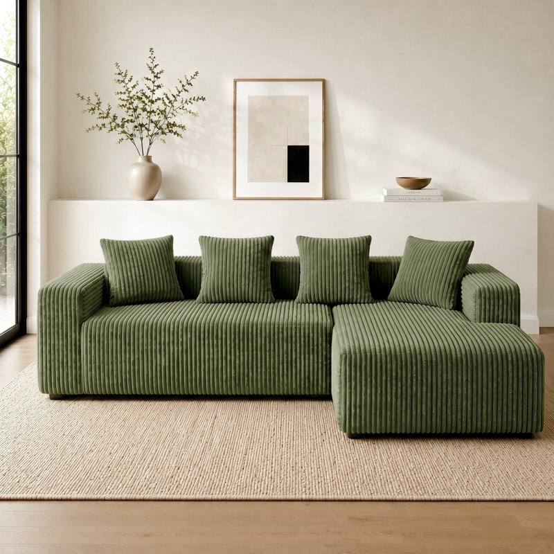 Modern Oversized 262cm Boneless Corner Sofa L-Shaped Corduroy Sofa With Storage Pockets, Right Hand Facing, Green