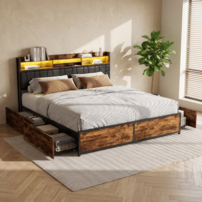 Double Drawer Brown Bed 140x200, Industrial Frame, Rustic Brown RGB LED Headboard, USB-C Charging, 4 Drawers