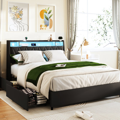 Structure de lit double avec tête de lit ergonomique, prises intégrées, éclairage à DEL et rangement - bruit, conception stable, fabrication de tablette sans sommier, sommeil tranquille,