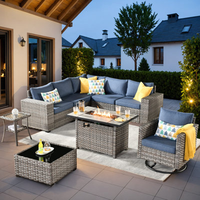 6-person Outdoor Sectional With Cushions,swivel Rockers And Fire Pit,all-weather Wicker Patio Set