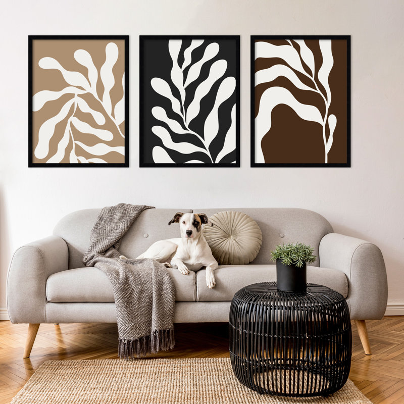 Retro Matisse Inspired Abstract Botanical - 3 Pieces by Erminia, 62" W x 25" H, Black