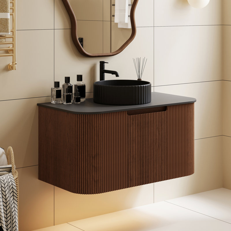 Meuble-lavabo de comptoir en pierre noir 36 po avec lavabo rond 36 po