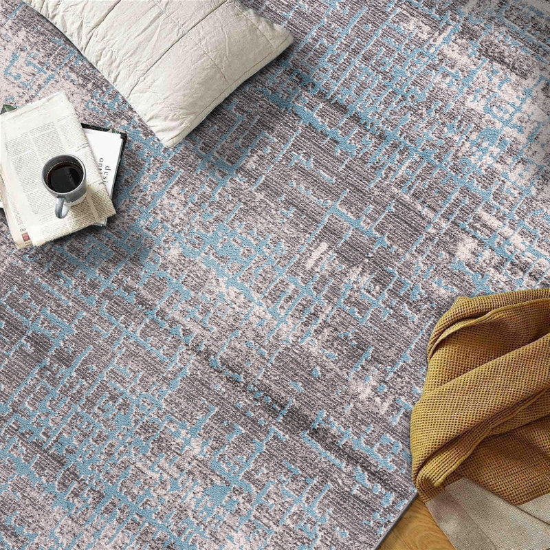 Rambo Abstract Ivory/Gray/Blue Area Rug, Runner 2' x 7'