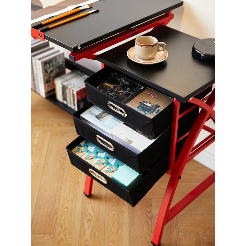 Table à dessin rouge avec tabouret compagnon - 3 compartiments de rangement, bureau inclinable réglable à 75 degrés, tiroirs de rangement, matériau