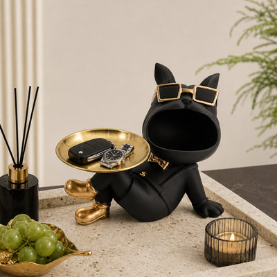 Bouledogue noir moderne à grande bouche abstraite, plateau décoratif en résine et sculptures d'animaux pour le salon, le rangement et le décor intérieur