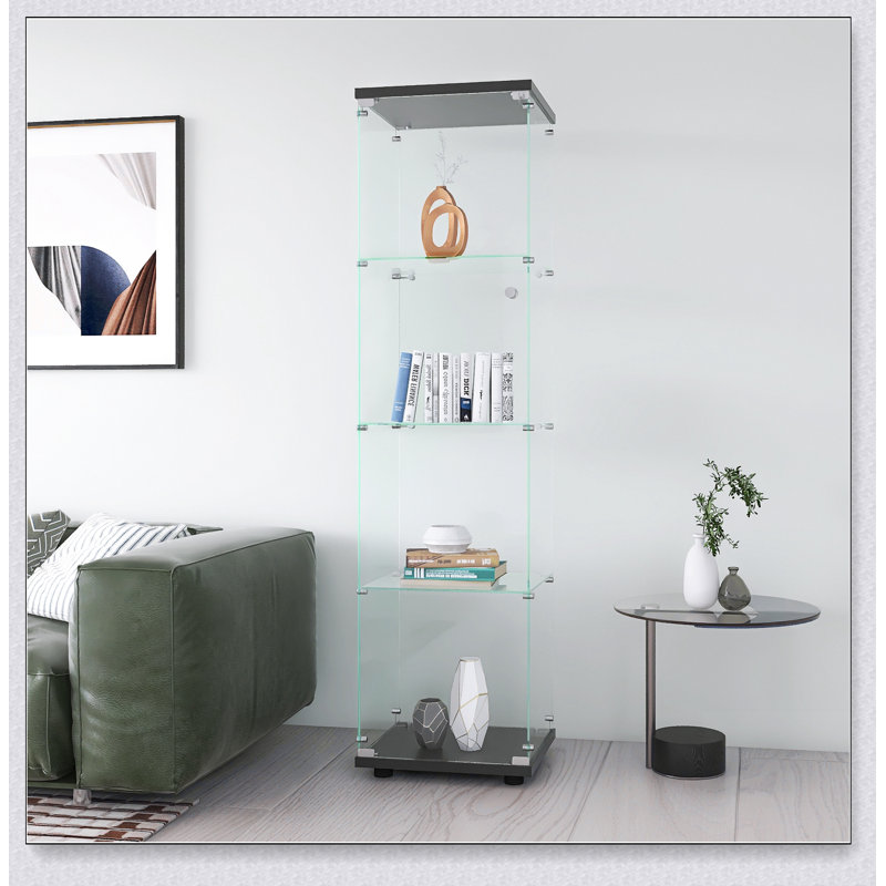 Glass Display Cabinet 4 Shelves with Door, Floor Standing Curio Bookshelf