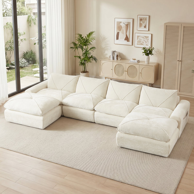 Canapés modulaires Boneless, Chenille beige, Forme en U (6 sièges)