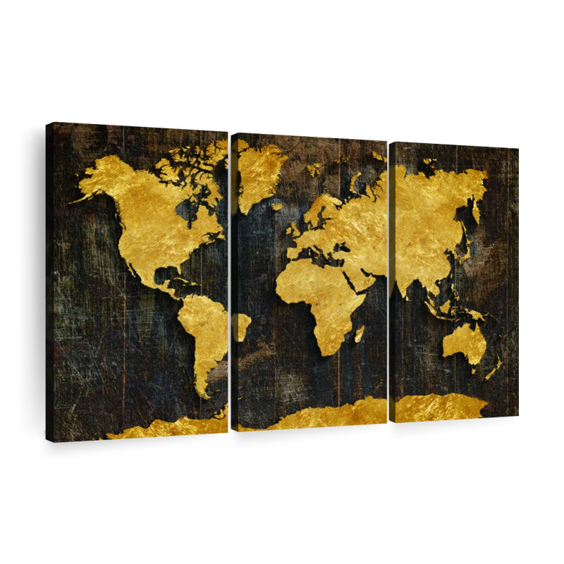 Carte du monde raffinée en or 3 pièces, H 24 po x l 38 po x P 1,25 po