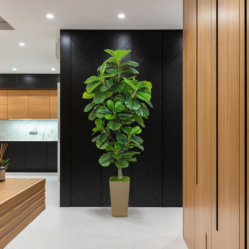 72" Faux Fiddle Leaf Fig Tree In Black Planter, Beige
