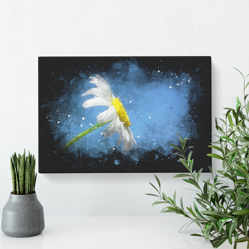 White Daisy Flower Paint Splash - Wrapped Canvas, 60cm H x 91cm W x 3cm D