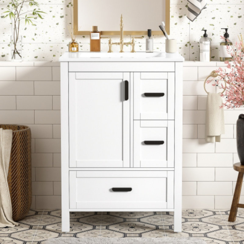 24" Modern Bathroom Vanity With Ceramic Sink – Soft-Close Door, 3 Drawers, Double-Layer Shelf, White