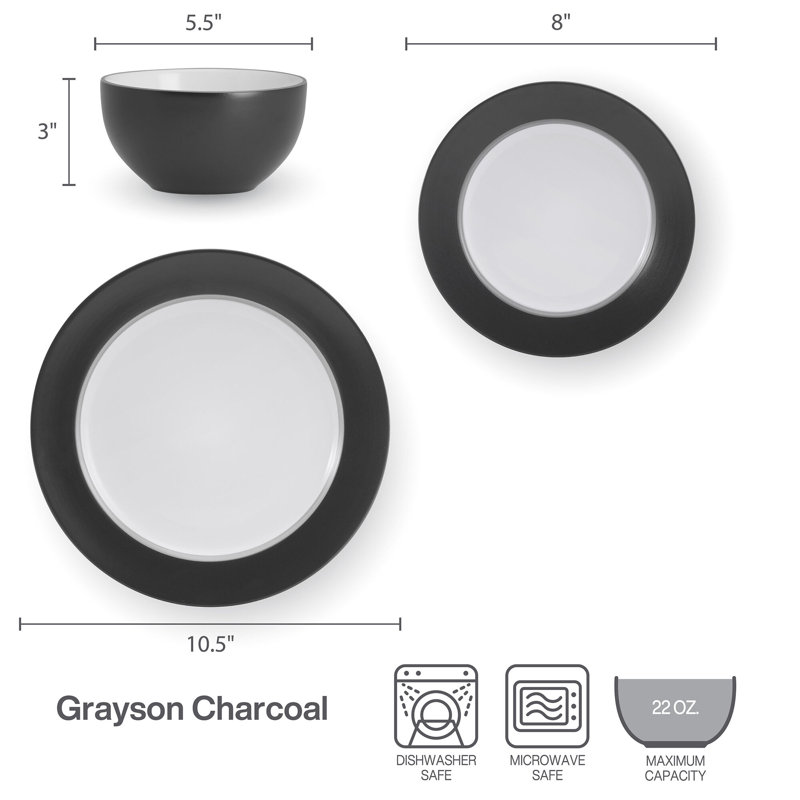 Service de table en grès 12 pièces Grayson, service pour 4, Gris anthracite