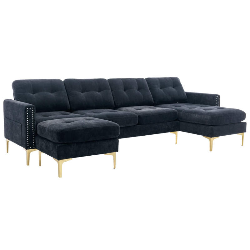 Canapé modulaire convertible en L 110,6 po avec repose-pieds mobile pour salon, appartement, bureau, noir, Velours noir