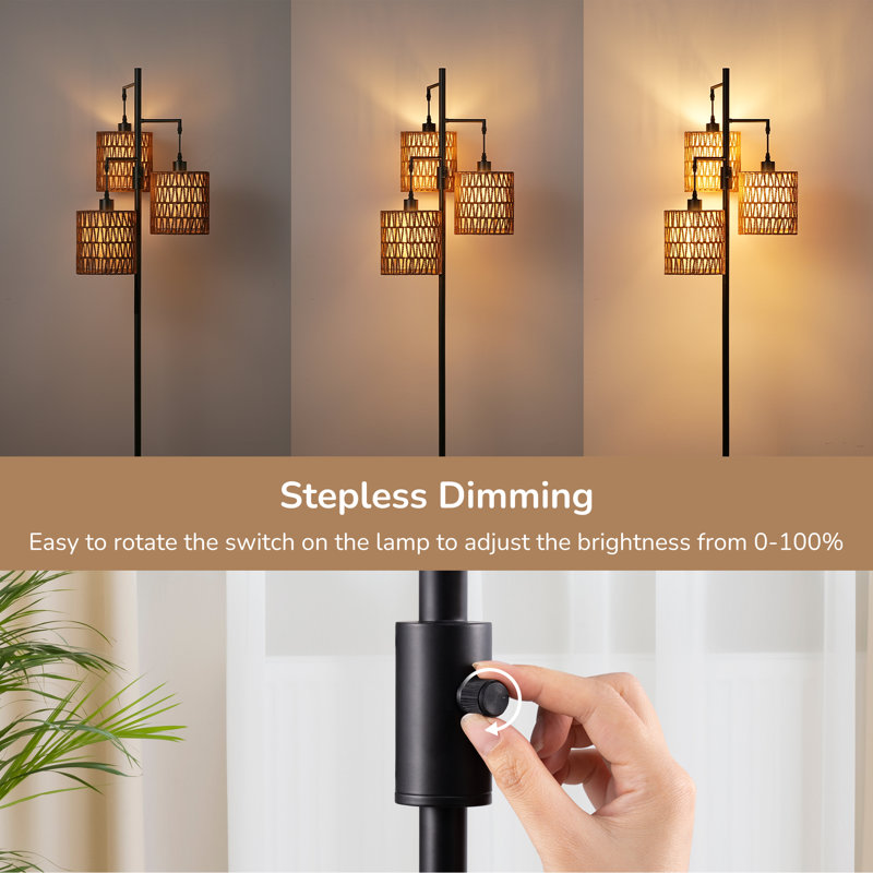 65" Rattan Tree Floor Lamp with Dimmer Switch , 3 Bulbs Included