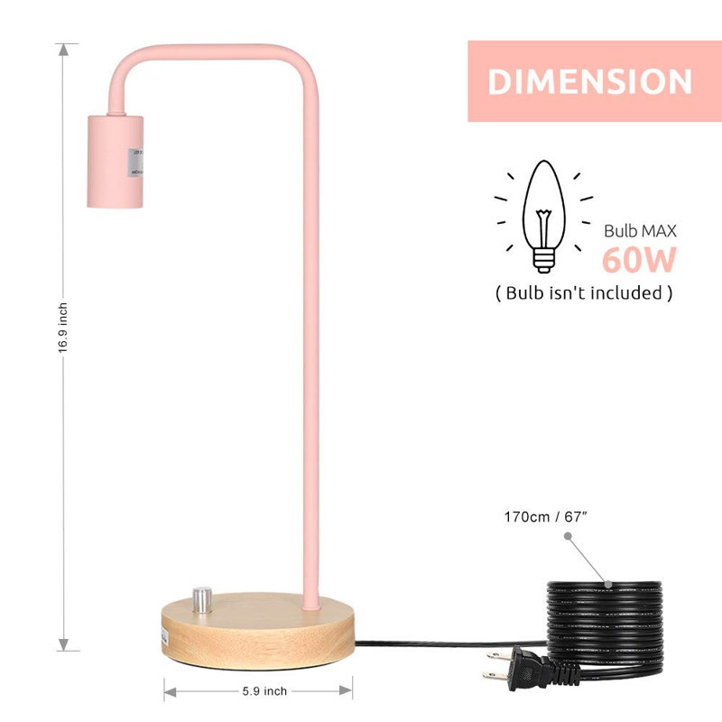 Pink Desk Lamps Modern Table Work Lamp Wooden for Girls Room Bedroom with Metal Corded Electric
