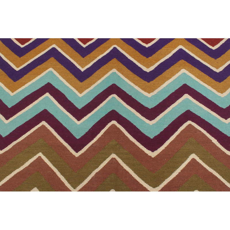 Tapis bleu / brun / rouille en laine noué à la main à motif de chevrons 4 pi 10 po x 6 pi 8 po Cedorah