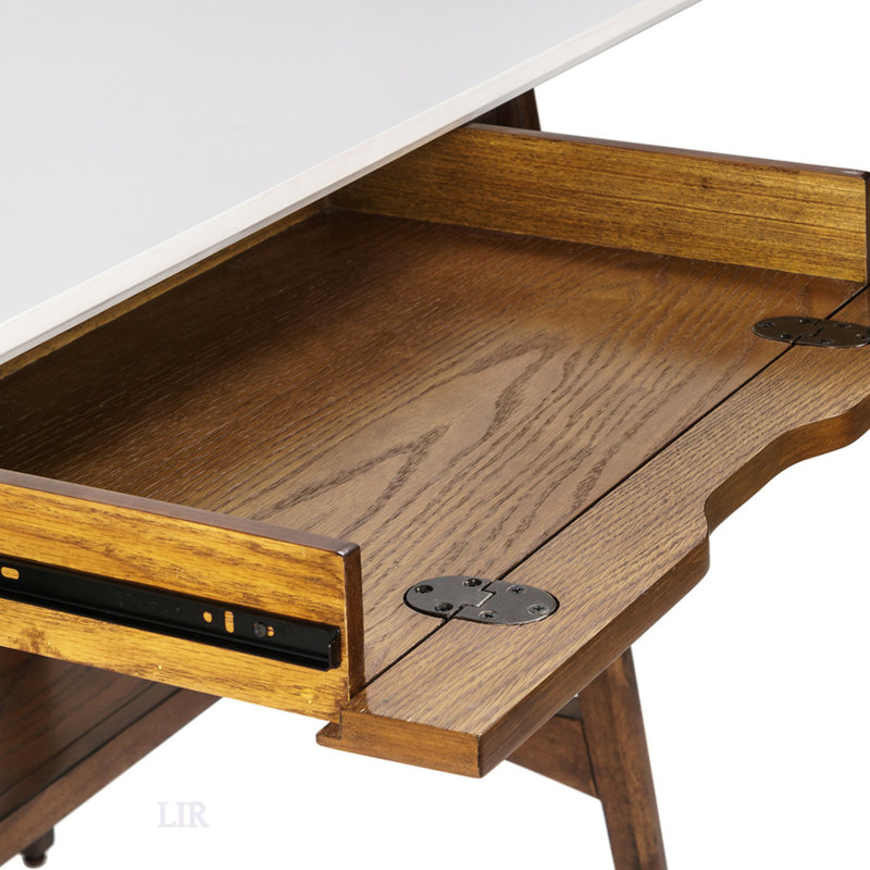 Bureau Parker avec base en bois de pacanier et plateau blanc, avec une tablette inférieure pour le rangement et un assemblage facile