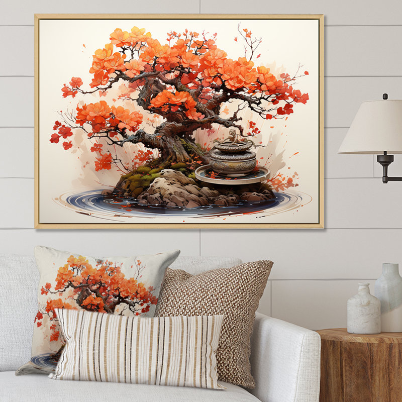 Autumnal Bonsai Charm II - Art mural arbre bonsaï, Cadre flottant blanc, H 12 po x l 20 po x P 1 po