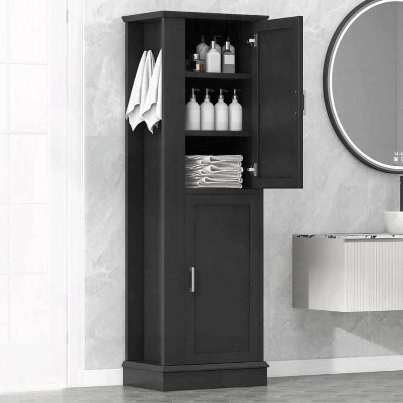 Tall Storage Cabinet with Side Hook and Adjustable Shelf, Black