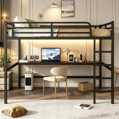 Lit mezzanine en métal, cadre de lit mezzanine robuste avec station de charge intégrée, bureau et lumières DEL, lit mezzanine haut avec barrières de sécurité et échelle, aucun sommier nécessaire pour la chambre des adultes (noir / blanc)