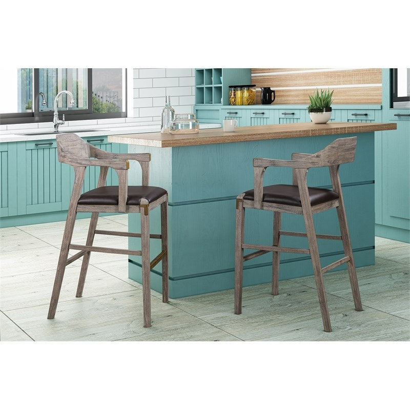 Tabouret à hauteur de bar en bois d'hévéa avec siège rembourré en bois de grange clair