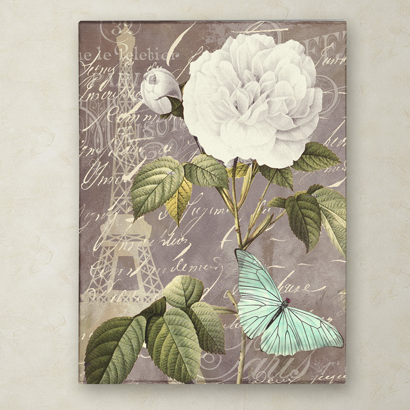 White Rose and Butterfly Canvas Art with Eiffel Tower Silhouette