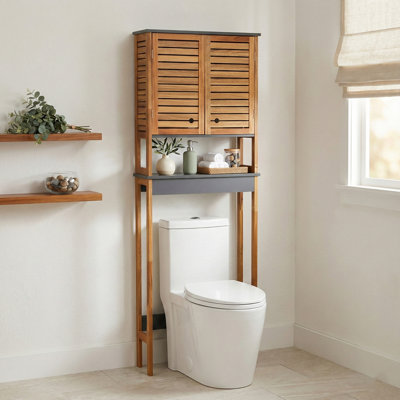 Over The Toilet Storage Cabinet with Double Vented Doors and Open Shelf, Brown and Gray - Elements Collection