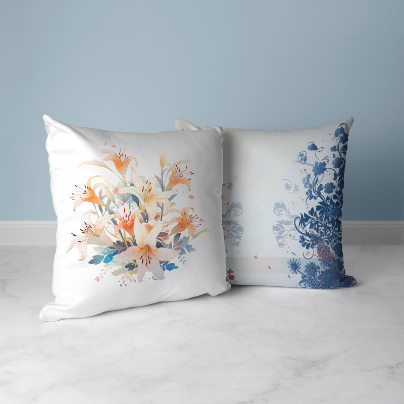 18" White and Orange Floral Faux Suede Throw Pillow
