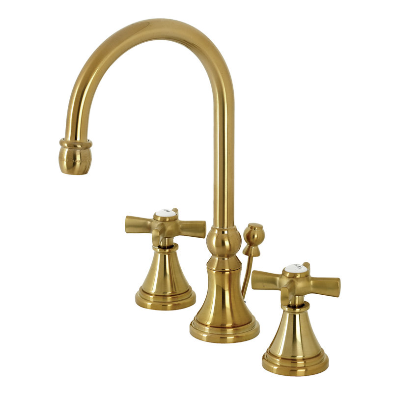 Kingston Brass Millennium Two-Handle 3-Hole Deck Mount Widespread Bathroom Faucet with Brass Pop-Up Drain, Brushed Brass