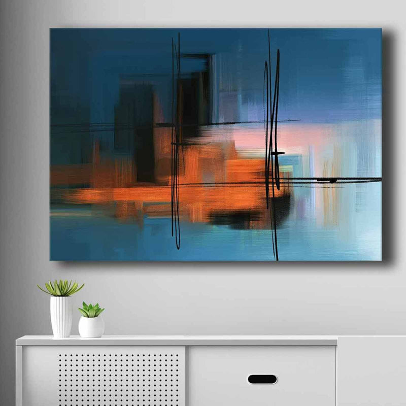 Superbe peinture décorative sur toile, 27,6 po x 39,4 po | Bleu éclatant, orange, rose et noir | 100% toile (épaisseur: 0,1 pouce) et cadre 100% bois de pin (épaisseur: 0,9 pouce) | Parfait pour le salon ou le bureau