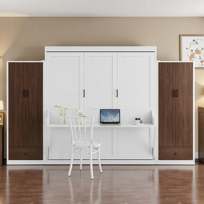 Grand lit escamotable mural avec bureau intégré, placard de rangement, tiroirs | Solution de bureau et de chambre à coucher pliable peu encombrante