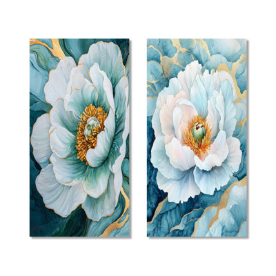 Radiant Symphony of Peony on Emerald - Green Nature, ensemble de 2 décorations murales en métal