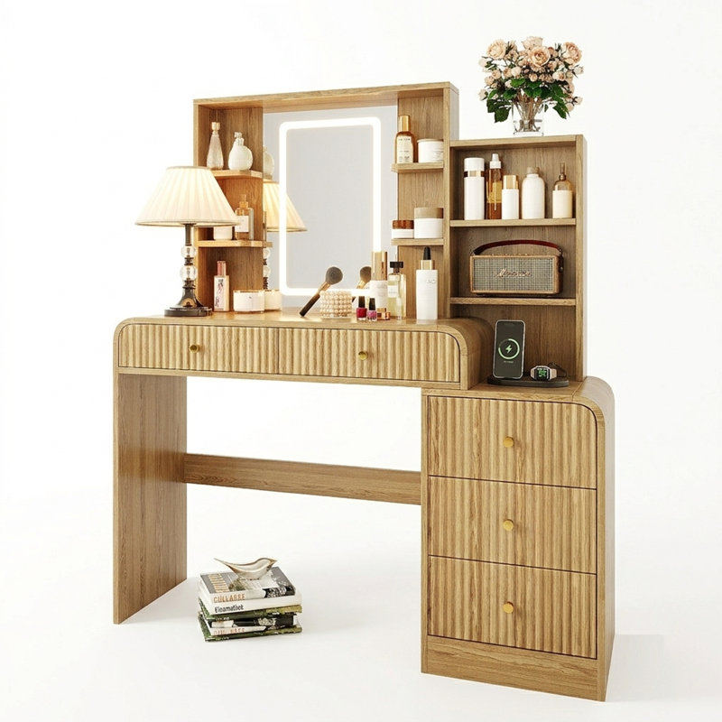 Grand bureau de coiffeuse 47,4 po avec miroir et lumières, coiffeuse cannelée avec 5 tiroirs et tablettes de rangement ouvertes, coiffeuse avec station de charge
