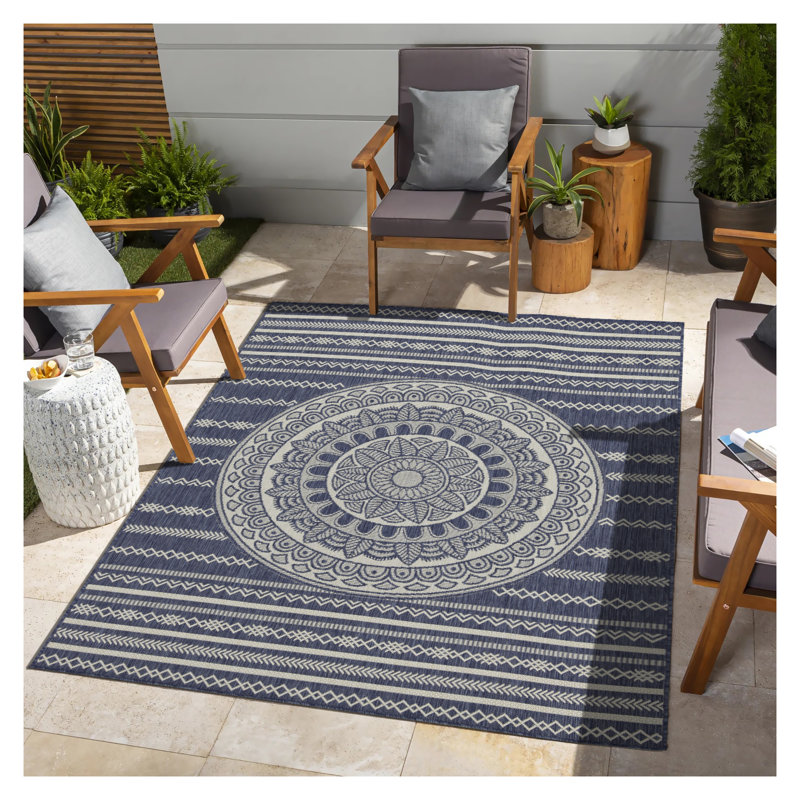 Sunshine Collection Blue Indoor Outdoor Area Rug, 7'10'' x 10'3'' Polypropylene Stain Resistant Flatweave Rug for High Traffic Areas