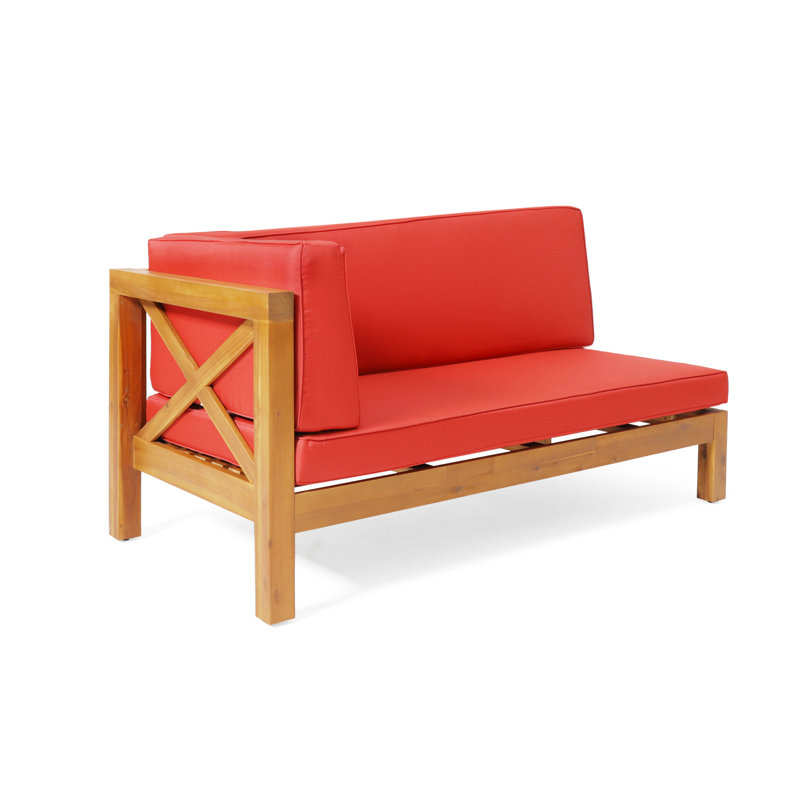 Banc d'angle gauche rouge - construction en bois avec coussins d'eau pour un banc de véranda paisible et une magnifique pièce