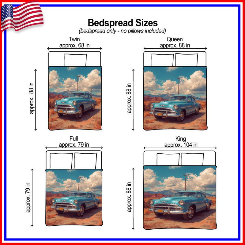 Vintage Blue Car Quilted Bedspread All Sizes, Full / Double
