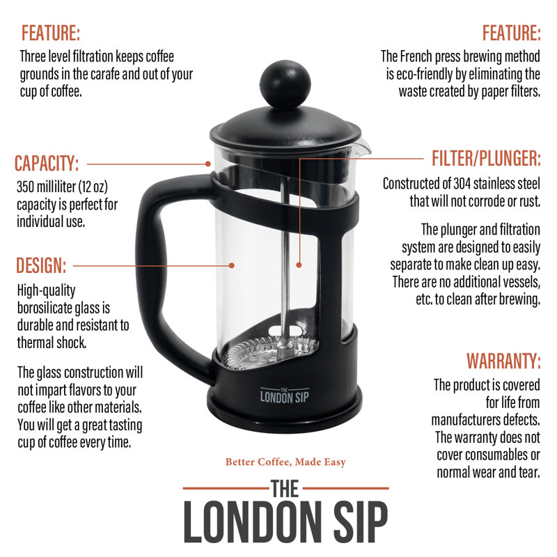 London Sip French Press Immersion Brewer, 350ml, 12 oz.